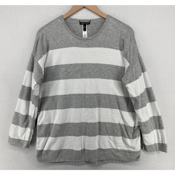 EILEEN FISHER Sweater S Organic Cotton Striped Reversible Pullover Gray White - Picture 1 of 14